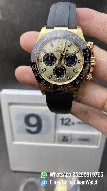 China Clean Factory Daytona 116518 SuperCloen Watch Yellow Gold Case Yellow Dial Black Sub Dial on Oysterflex Rubber Strap SA4130 V2