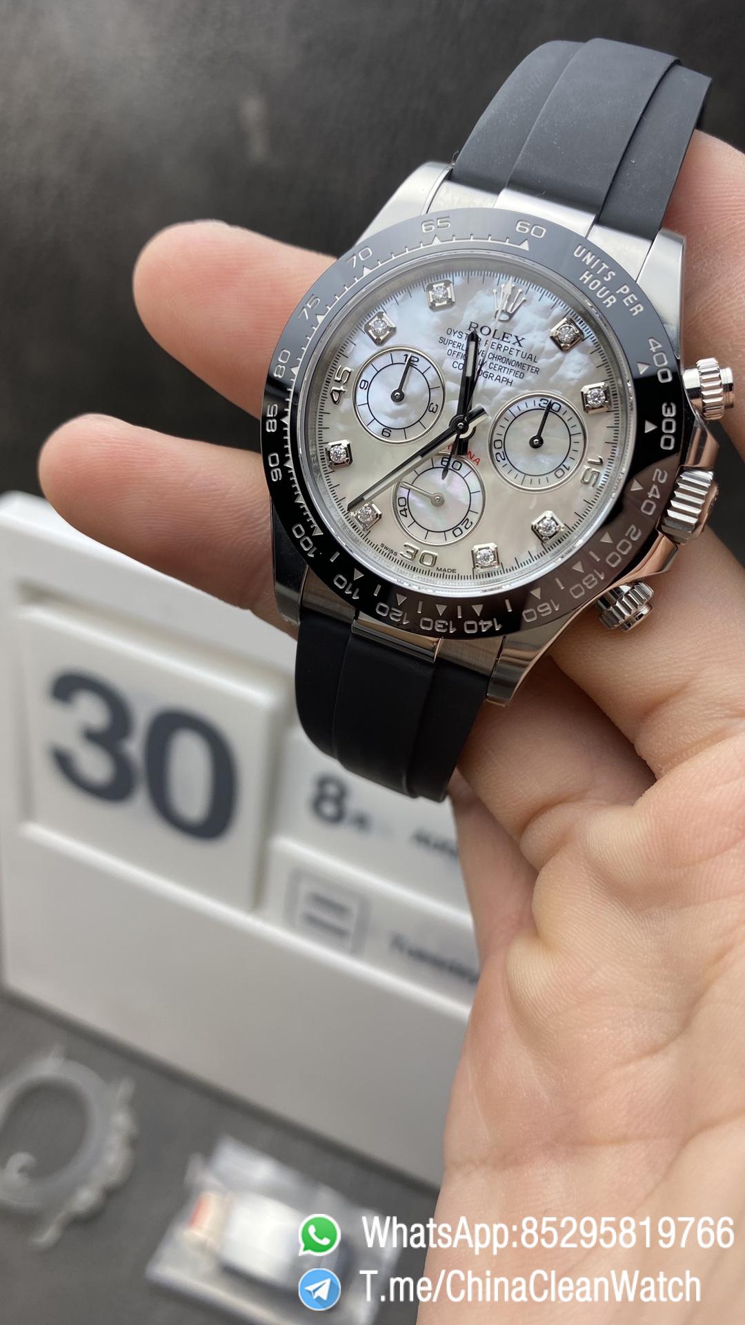 Clean Factory Watch Daytona 116519 Diamonds Markers on Mother of Pearl Dial 904L Stainless Steel Case Black Rubber Strap SA4130 Clean Factory Watch Daytona 116519 Diamonds Markers on Mother of Pearl Dial 904L Stainless Steel Case Black Rubber Strap SA4130