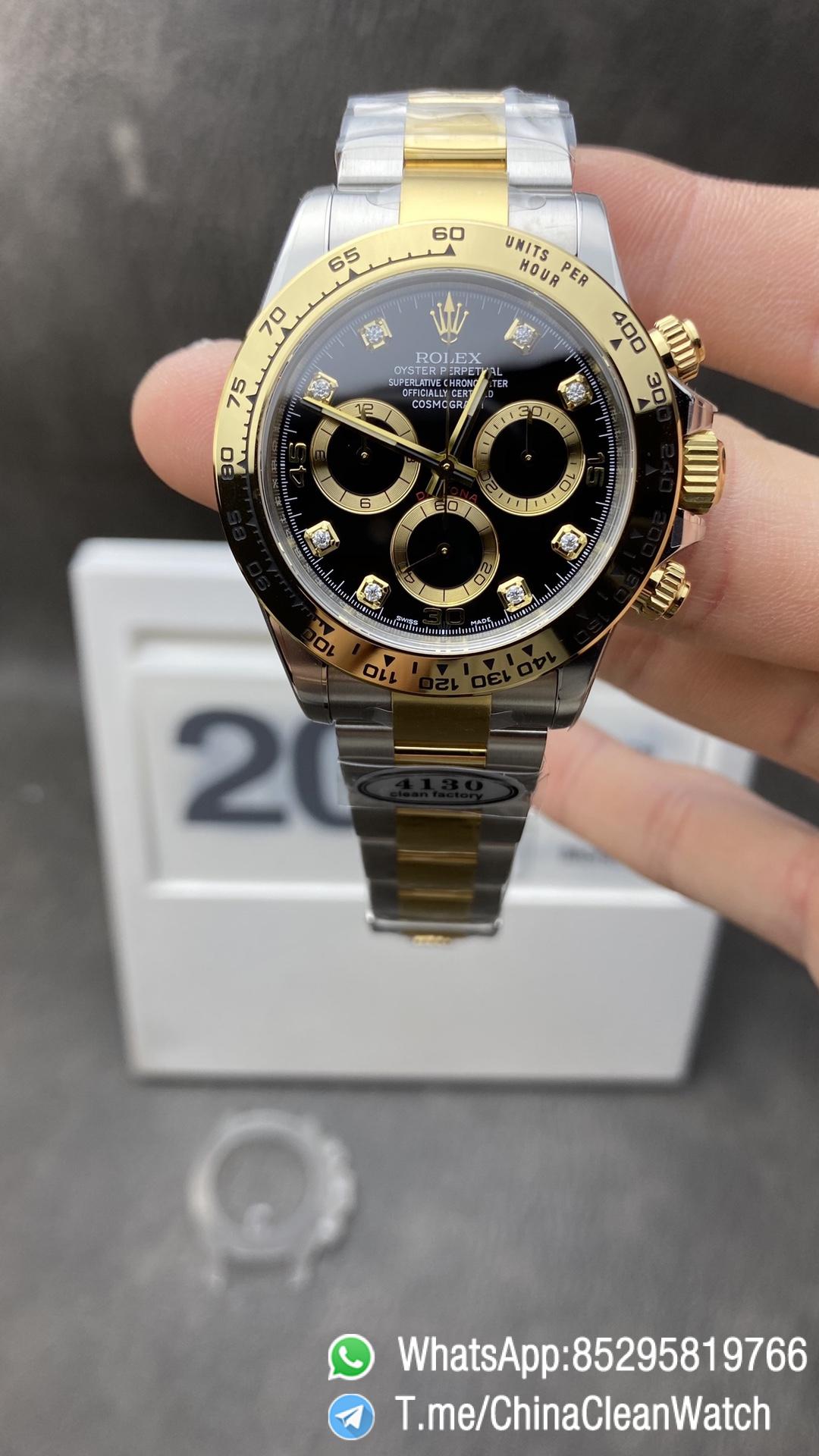 Clean Factory Daytona 116503 904L Stainles Steel Case Yellow Gold Tachymeter Bezel Two Tone Bracelet Black Dial Diamonds Markers SA4130 Clean Factory Daytona 116503 904L Stainles Steel Case Yellow Gold Tachymeter Bezel Two Tone Bracelet Black Dial Diamonds Markers SA4130