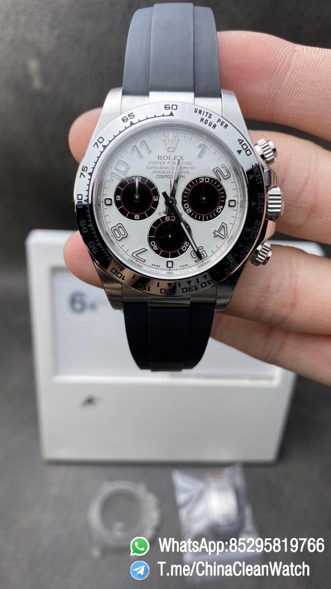 Clean Factory Watch CF Panda Daytona 116509 Best Edition White Dial Nember Markers on 904L Steel Case Black Rubber Strap SA4130