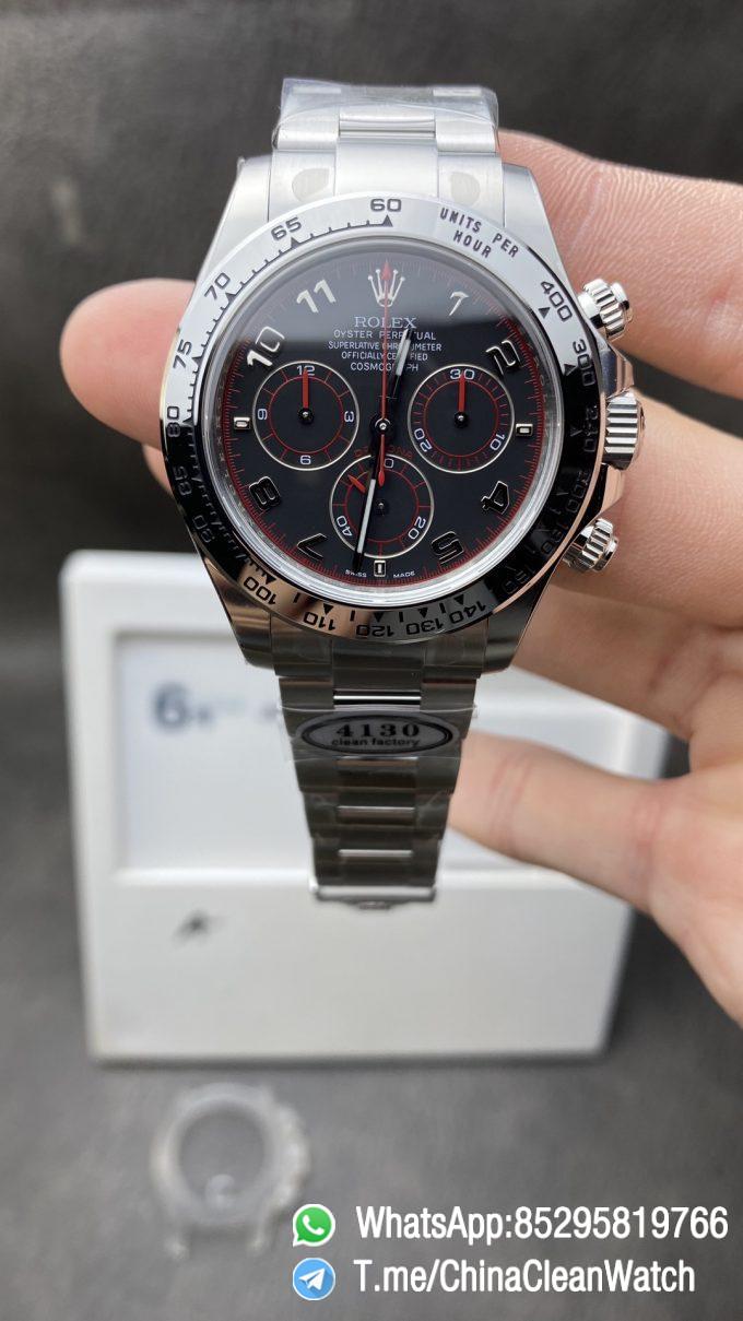Clean Factory Watch CF Rolex Daytona 116509 in 904L Steel Black Dial with Red Hand Dial Ring Numeral Markers SA4130 Movement