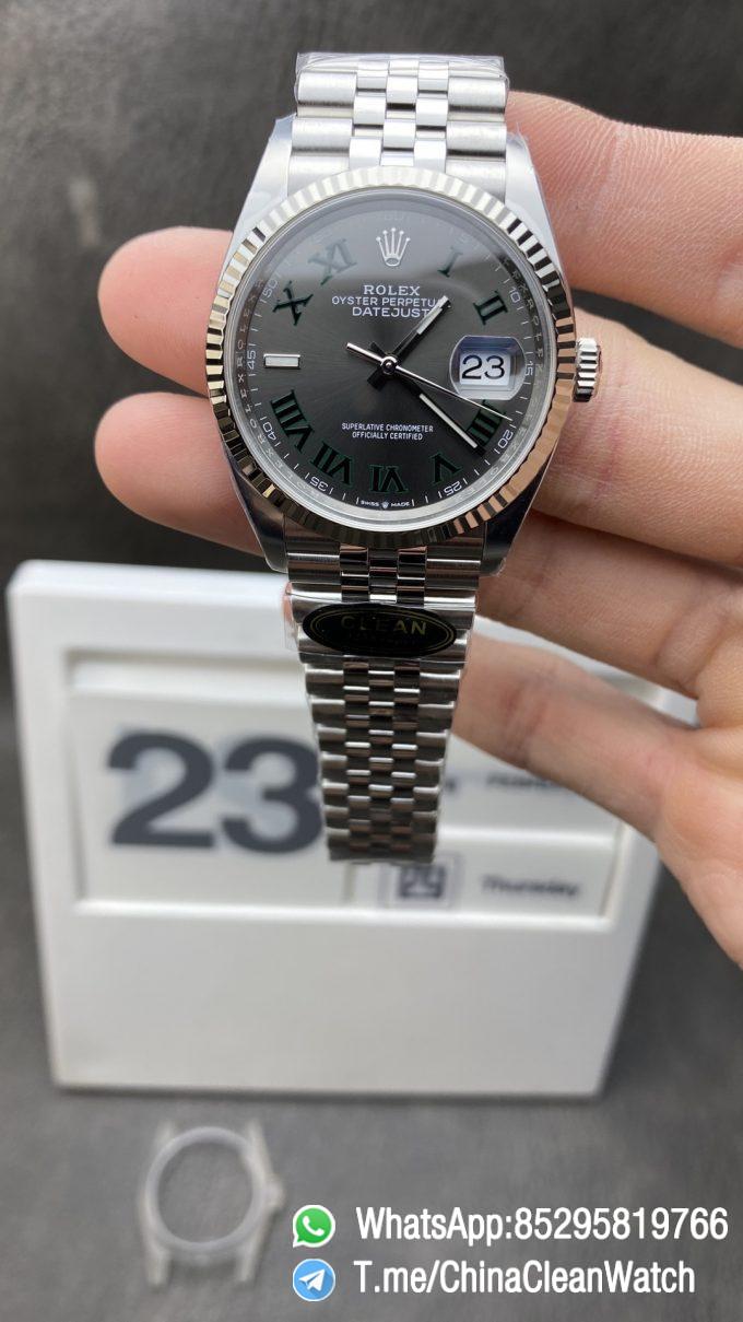 Clean Factory Watch Rolex DateJust 36 126234 Wimbledon Best Edition 904L Steel Gray Dial Green Roman Markers on Jubilee Bracelet VR3235