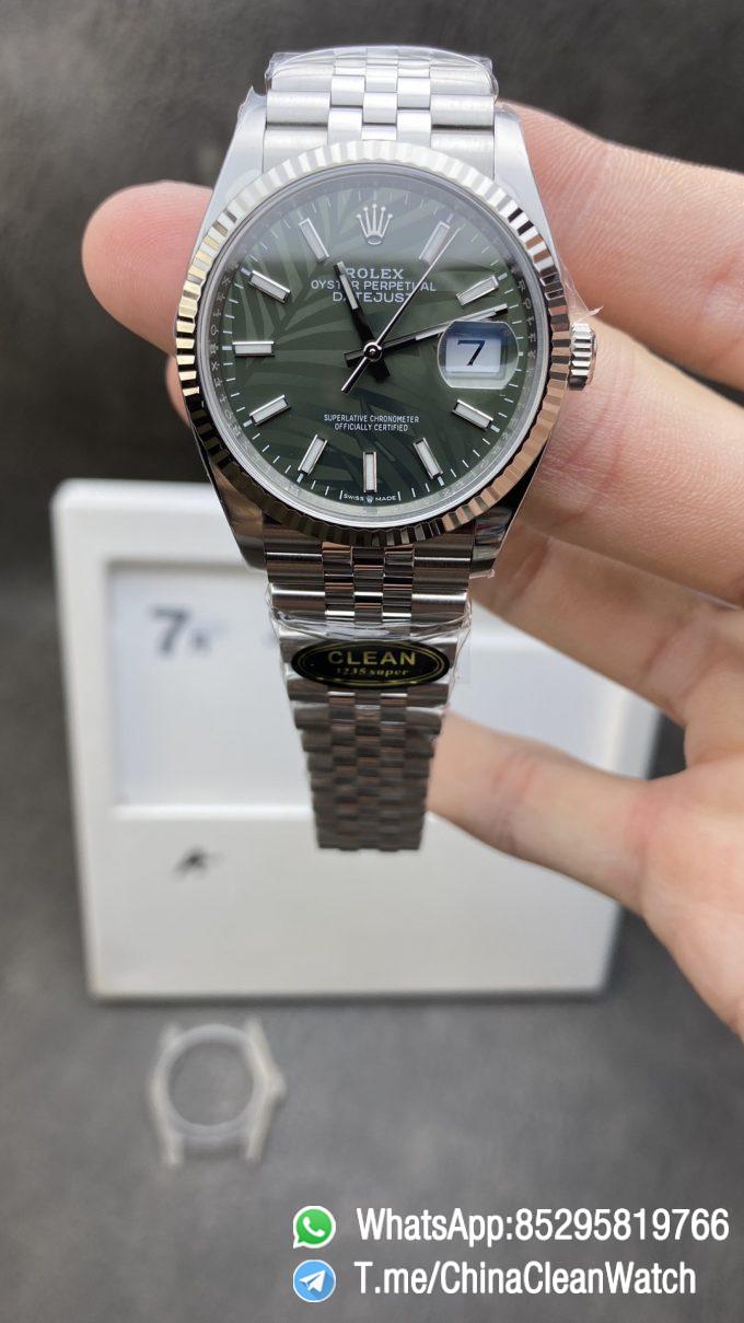 Clean Factory DateJust 36 126234 Olive Green Palm motif Dial Green Leaf Dial 904L Steel on Jubilee Bracelet VR3235