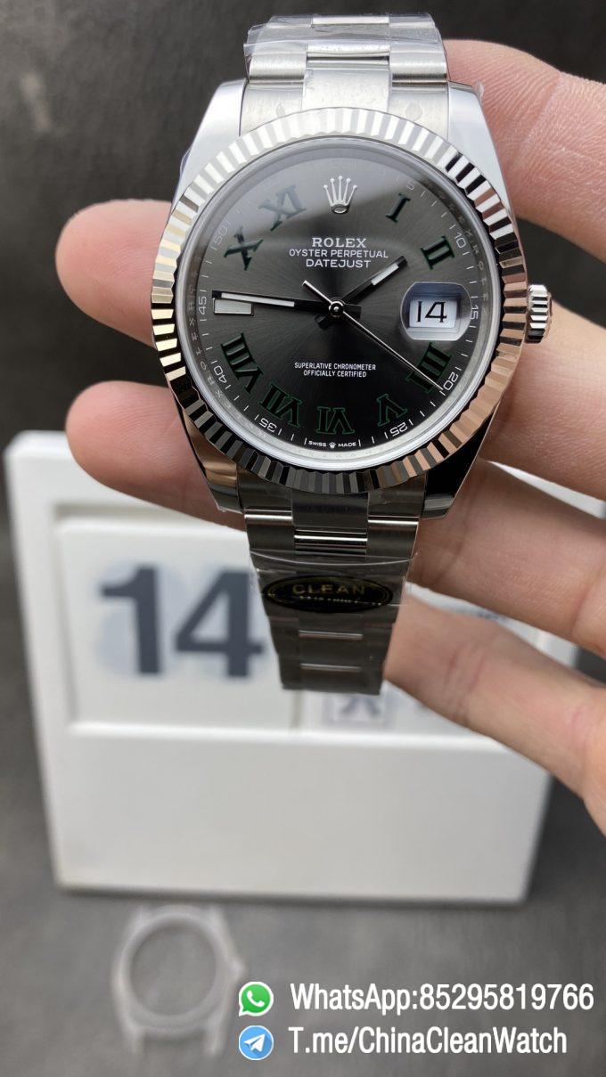 Clean Factory Watch Rolex DateJust Wimbledon 126334 41mm Gray Dial Green Roman Markers Oyster Bracelet DD3235