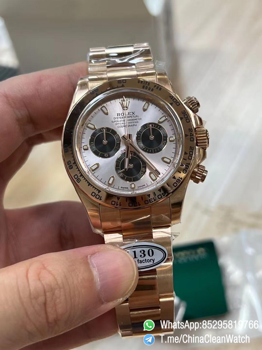 Clean Factory Daytona 116505 Rose Gold Case Bracelet Silver Dail Black Chrono Dial DD4130 Superclone Movement 02 Clean Factory Daytona 116505 Rose Gold Case Bracelet Silver Dail Black Chrono Dial DD4130 Superclone Movement 02
