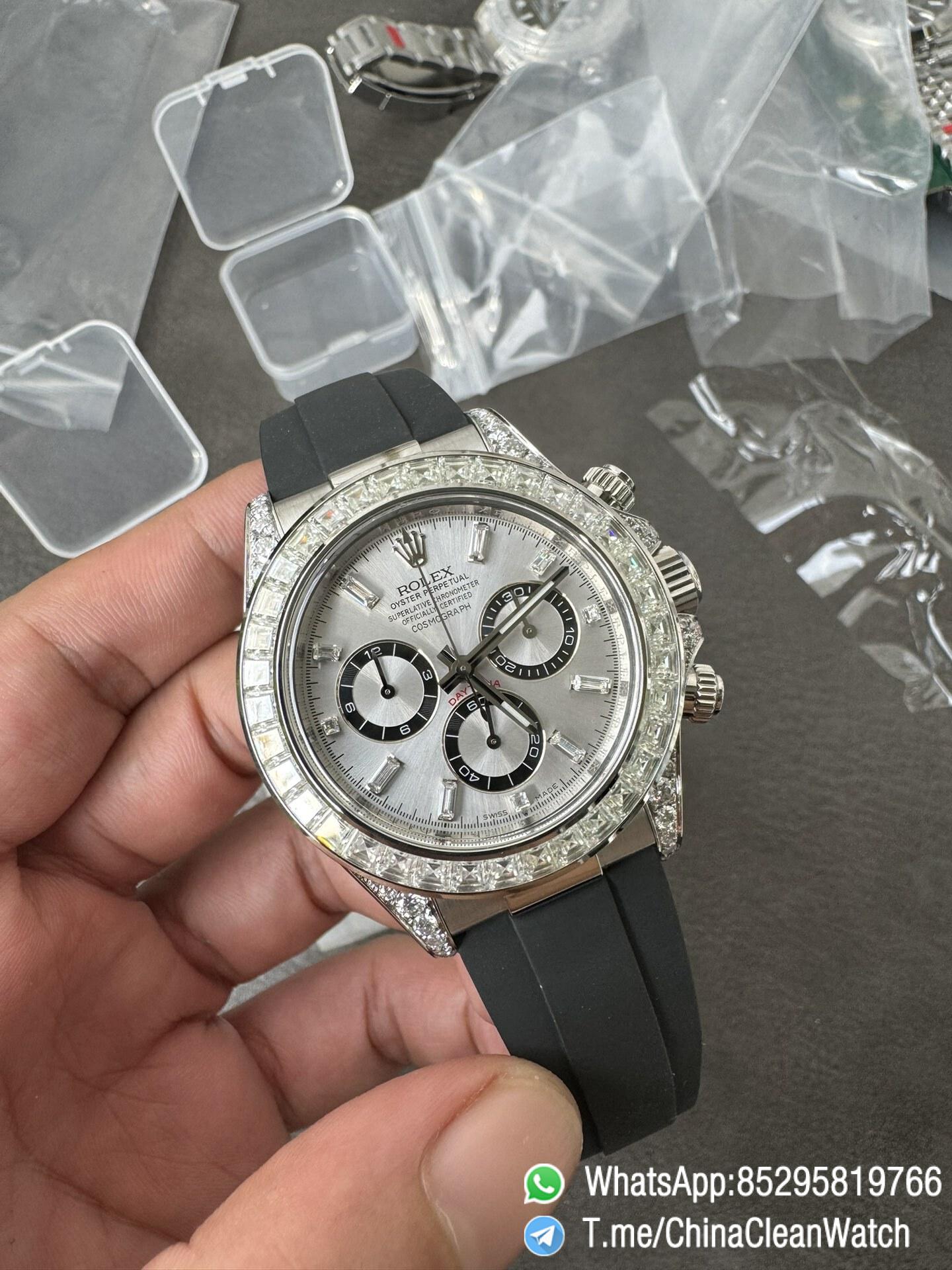 Clean Factory Rolex Daytona 126539TBR Diamonds Bezel Silver Dial with Diamonds Markers ShangHai 4131 Caliber 02 Clean Factory Rolex Daytona 126539TBR Diamonds Bezel Silver Dial with Diamonds Markers ShangHai 4131 Caliber 02