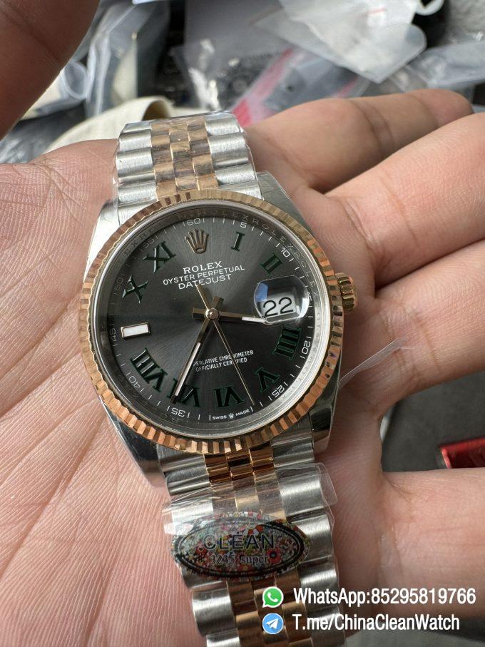 Clean Factory DateJust 36mm 126231 Wimbledon 904L Steel Grey Dial Green Roman Marker Two Tone Jubilee Bracelet SH3235 Movement 04