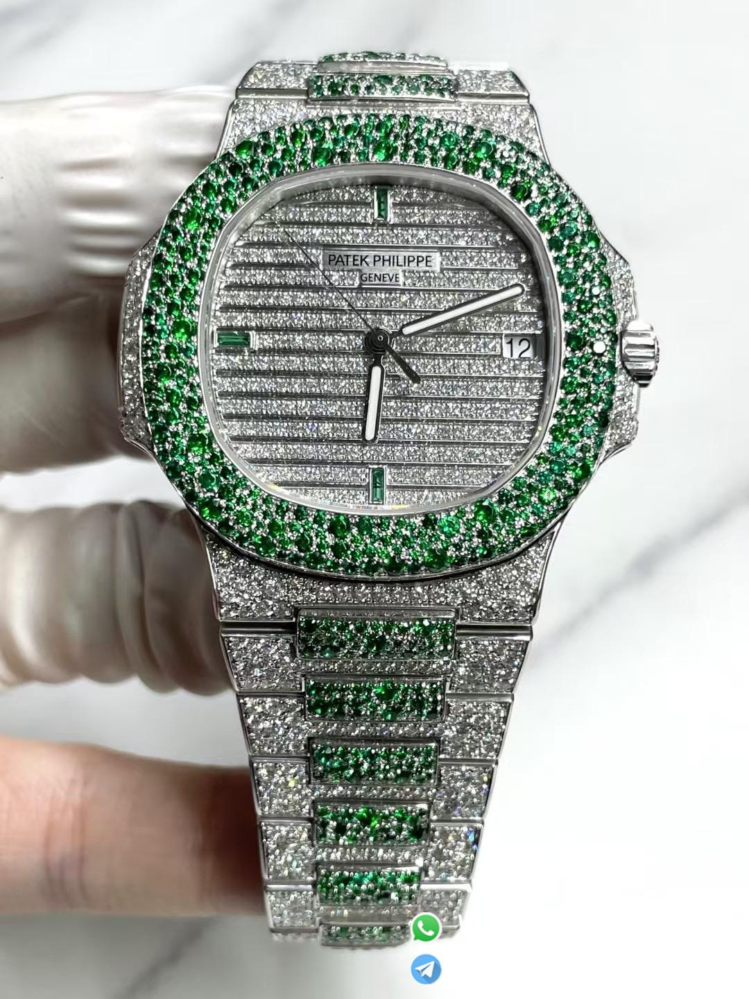 CNC Superb Iced Out Nautilus 5711 Green Diamonds Bezel Coating Lab Diamonds on 18K white gold Case Bracelet Genuine 324 Movement 01 CNC Superb Iced Out Nautilus 5711 Green Diamonds Bezel Coating Lab Diamonds on 18K white gold Case Bracelet Genuine 324 Movement 01