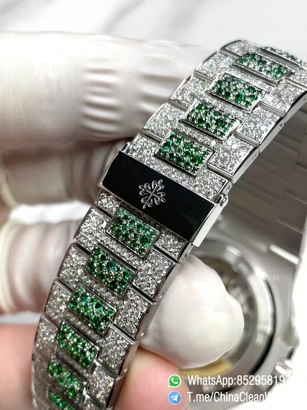 CNC Superb Iced Out Nautilus 5711 Green Diamonds Bezel Coating Lab Diamonds on 18K white gold Case Bracelet Genuine 324 Movement 07 CNC Superb Iced Out Nautilus 5711 Green Diamonds Bezel Coating Lab Diamonds on 18K white gold Case Bracelet Genuine 324 Movement 07