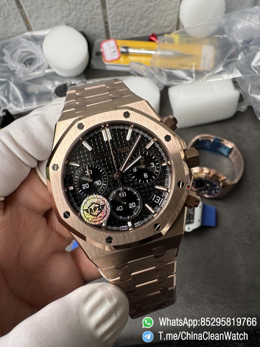 APS Factory Super Clone AP Royal Oak Chrono 26240 Black Dial on Rose Gold Case and Bracelet SuperClone 4401 Movement 01 APS Factory Super Clone AP Royal Oak Chrono 26240 Black Dial on Rose Gold Case and Bracelet SuperClone 4401 Movement 01