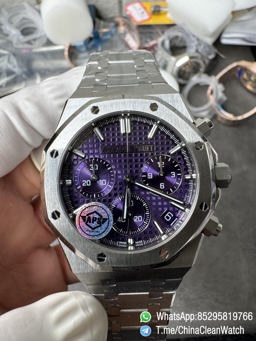 APS Factory Super Clone AP Royal Oak Chrono 26240 Purple Dial on Stainless Steel Case and Bracelet SuperClone 4401 Movement 01 APS Factory Super Clone AP Royal Oak Chrono 26240 Purple Dial on Stainless Steel Case and Bracelet SuperClone 4401 Movement 01