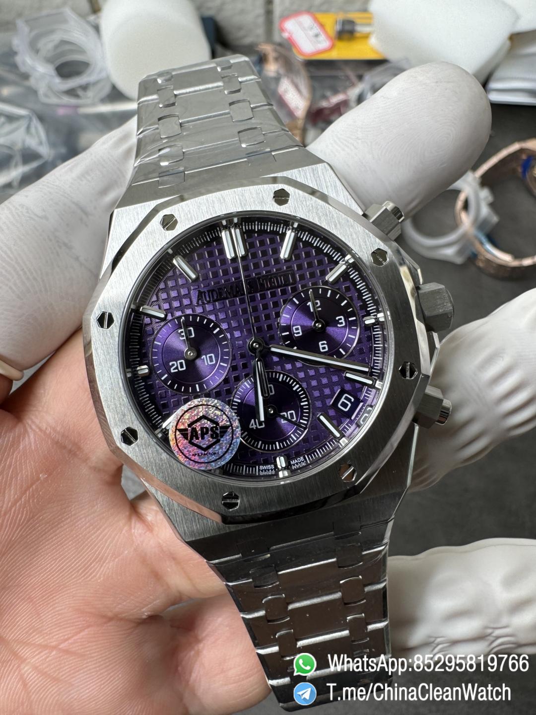 APS Factory Super Clone AP Royal Oak Chrono 26240 Purple Dial on Stainless Steel Case and Bracelet SuperClone 4401 Movement 02 APS Factory Super Clone AP Royal Oak Chrono 26240 Purple Dial on Stainless Steel Case and Bracelet SuperClone 4401 Movement 02
