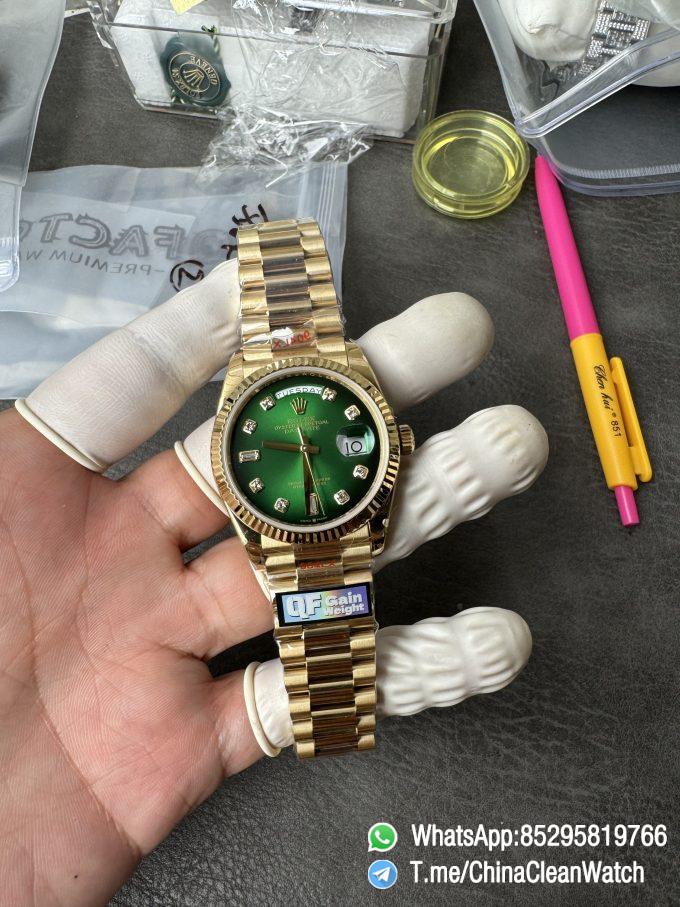 Clean Factory Watches QF Gain Weight 156g Day Date 36mm M128238 0069 Yellow Gold Case Green Ombre Diamonds Dial A2836 Movement 01
