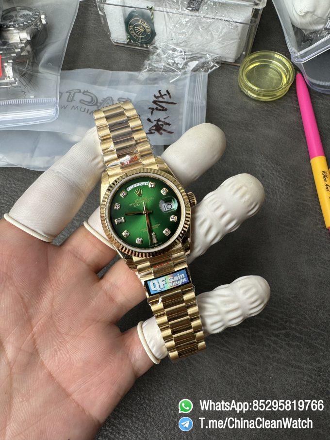 Clean Factory Watches QF Gain Weight 156g Day Date 36mm M128238 0069 Yellow Gold Case Green Ombre Diamonds Dial A2836 Movement 02
