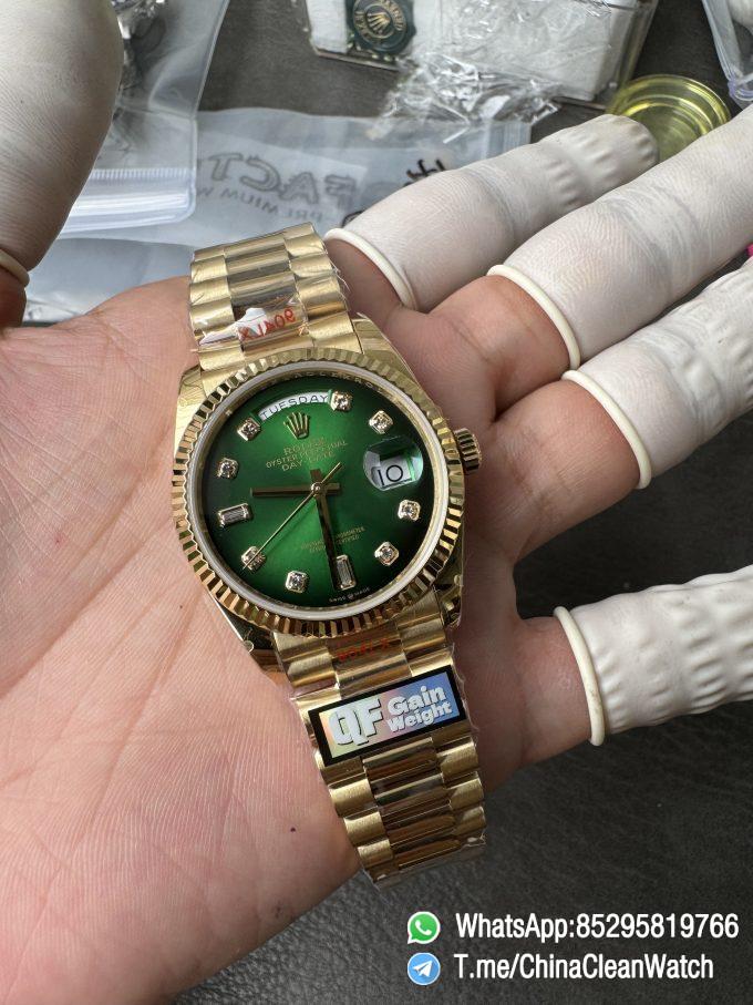 Clean Factory Watches QF Gain Weight 156g Day Date 36mm M128238 0069 Yellow Gold Case Green Ombre Diamonds Dial A2836 Movement 03