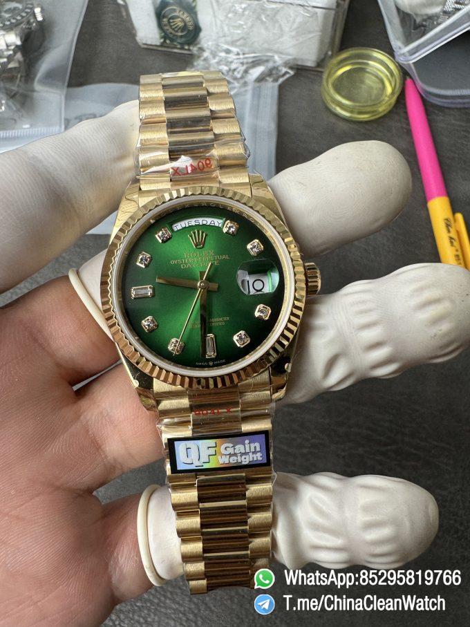 Clean Factory Watches QF Gain Weight 156g Day Date 36mm M128238 0069 Yellow Gold Case Green Ombre Diamonds Dial A2836 Movement 04
