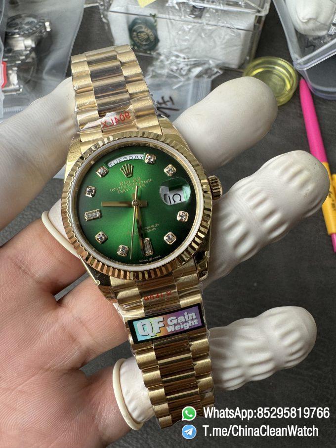 Clean Factory Watches QF Gain Weight 156g Day Date 36mm M128238 0069 Yellow Gold Case Green Ombre Diamonds Dial A2836 Movement 05
