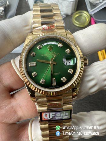 Clean Factory Watches QF Gain Weight 156g Day Date 36mm M128238 0069 Yellow Gold Case Green Ombre Diamonds Dial A2836 Movement 06