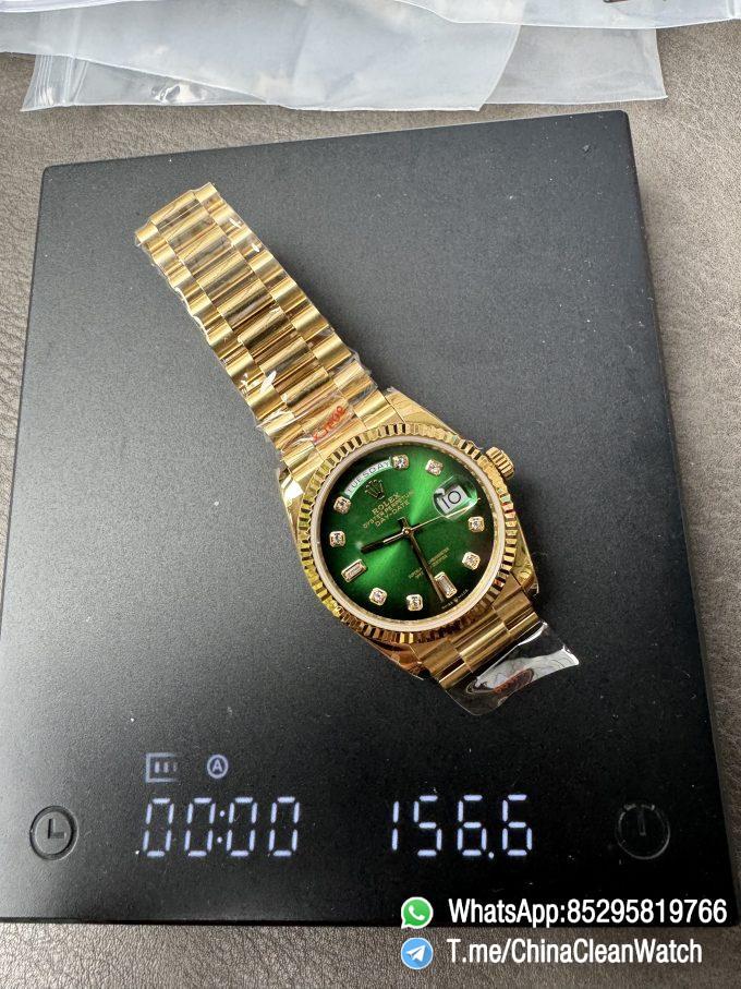 Clean Factory Watches QF Gain Weight 156g Day Date 36mm M128238 0069 Yellow Gold Case Green Ombre Diamonds Dial A2836 Movement 11