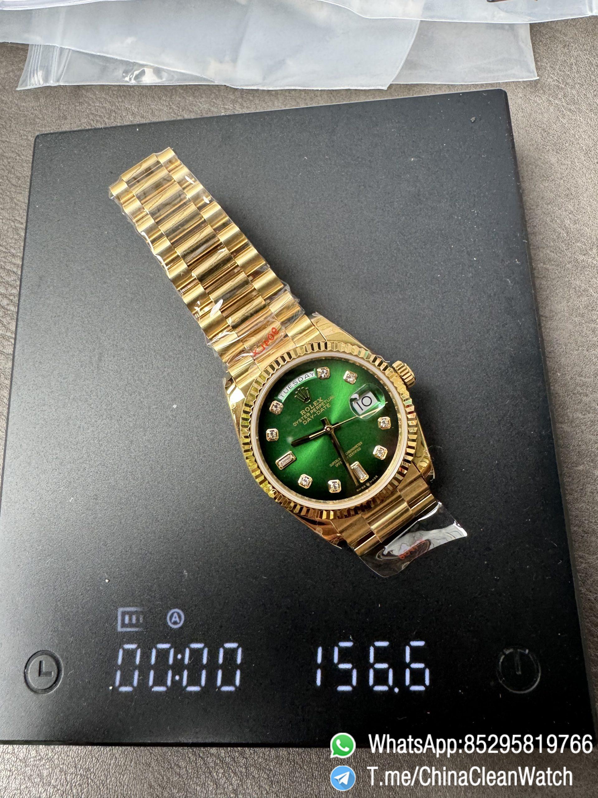 Clean Factory Watches QF Gain Weight 156g Day Date 36mm M128238 0069 Yellow Gold Case Green Ombre Diamonds Dial A2836 Movement 11 Clean Factory Watches QF Gain Weight 156g Day Date 36mm M128238 0069 Yellow Gold Case Green Ombre Diamonds Dial A2836 Movement 11
