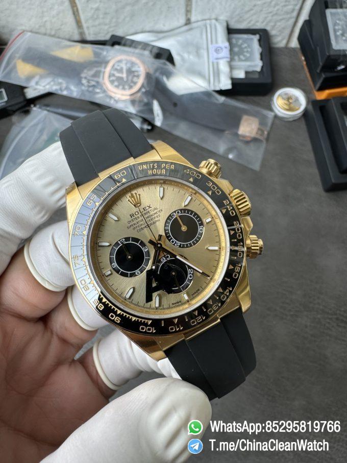 Clean Factory Watches VSF Gain Weight 137g Daytona 126518 Yellow Gold Dial Black Center Chrono Dial Luminos Indexes DD4131 Caliber Oysterflex Strap 03
