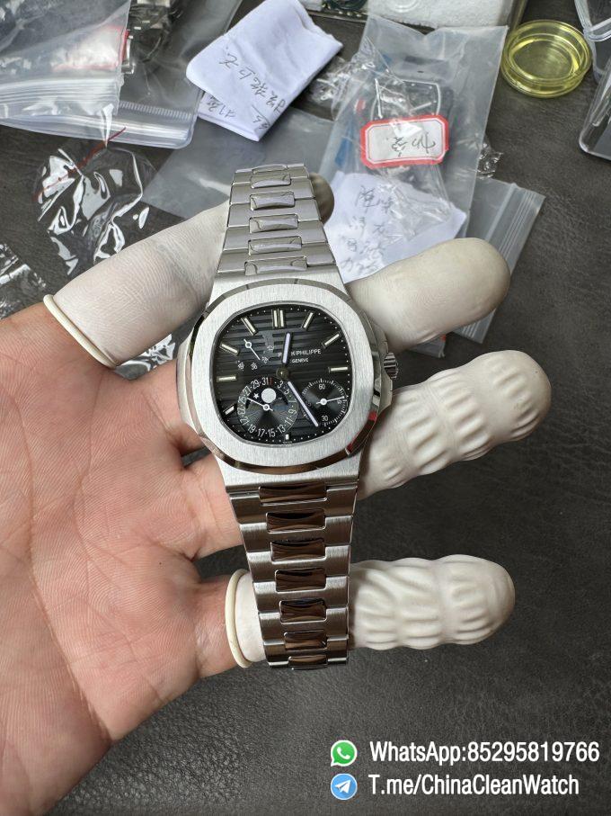 OMEF Custom Patek Nautilus 5712 Blue Dial Moon Phase and Power Reserve Display Free Sprung Balance 240 Movement Brushed Finish Bracelet 01