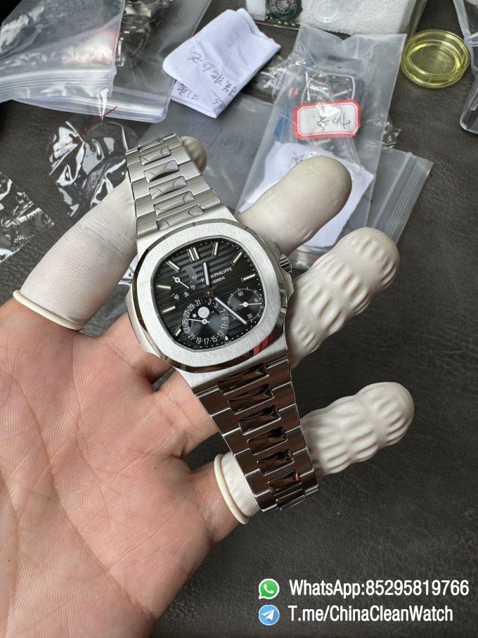 OMEF Custom Patek Nautilus 5712 Blue Dial Moon Phase and Power Reserve Display Free Sprung Balance 240 Movement Brushed Finish Bracelet 02
