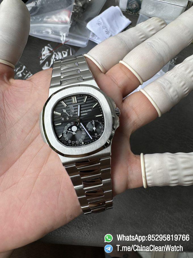 OMEF Custom Patek Nautilus 5712 Blue Dial Moon Phase and Power Reserve Display Free Sprung Balance 240 Movement Brushed Finish Bracelet 04