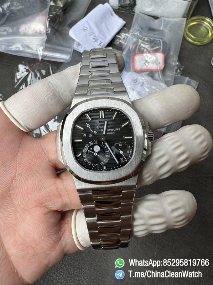 OMEF Custom Patek Nautilus 5712 Blue Dial Moon Phase and Power Reserve Display Free Sprung Balance 240 Movement Brushed Finish Bracelet 06