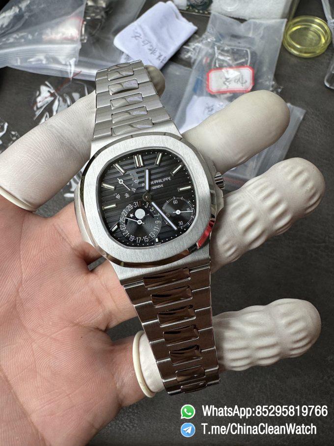 OMEF Custom Patek Nautilus 5712 Blue Dial Moon Phase and Power Reserve Display Free Sprung Balance 240 Movement Brushed Finish Bracelet 07