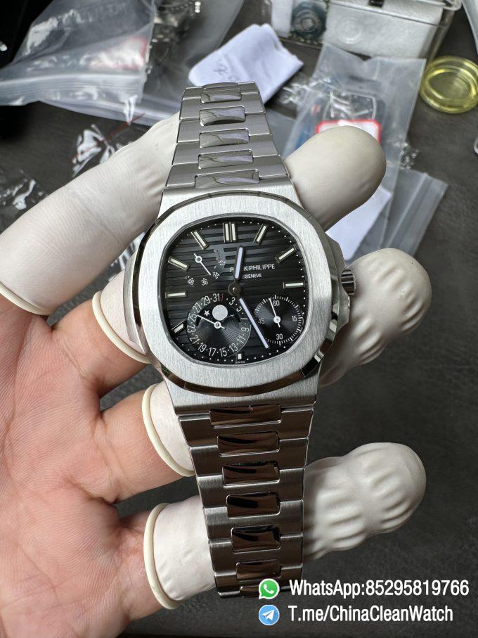 OMEF Custom Patek Nautilus 5712 Blue Dial Moon Phase and Power Reserve Display Free Sprung Balance 240 Movement Brushed Finish Bracelet 08