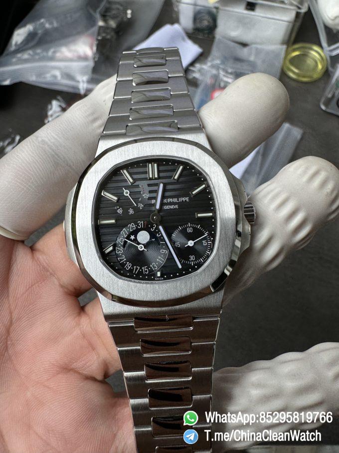 OMEF Custom Patek Nautilus 5712 Blue Dial Moon Phase and Power Reserve Display Free Sprung Balance 240 Movement Brushed Finish Bracelet 09