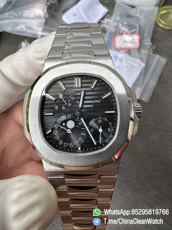 OMEF Custom Patek Nautilus 5712 Blue Dial Moon Phase and Power Reserve Display Free Sprung Balance 240 Movement Brushed Finish Bracelet 11