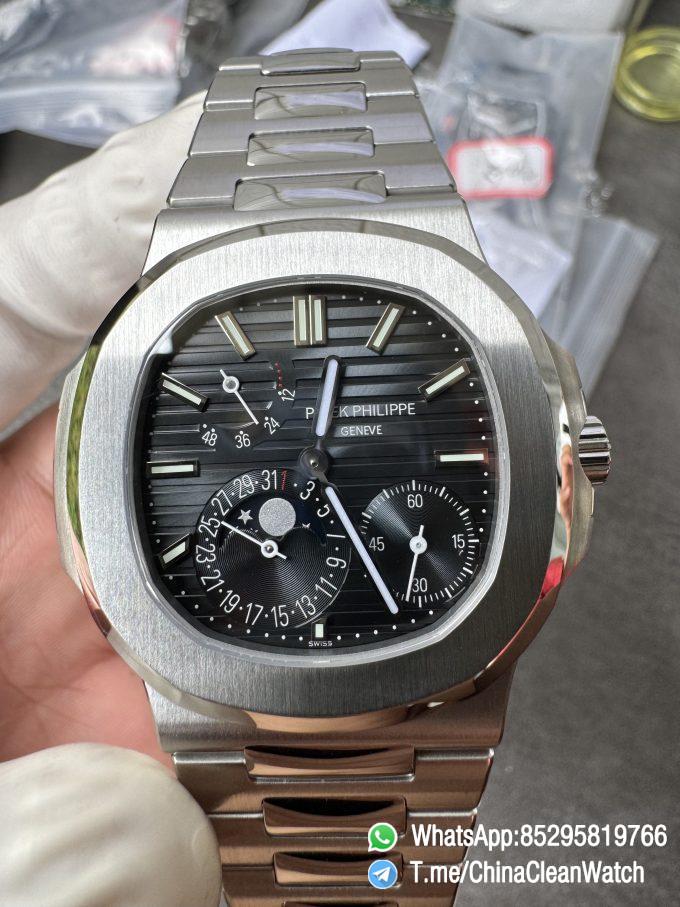 OMEF Custom Patek Nautilus 5712 Blue Dial Moon Phase and Power Reserve Display Free Sprung Balance 240 Movement Brushed Finish Bracelet 12