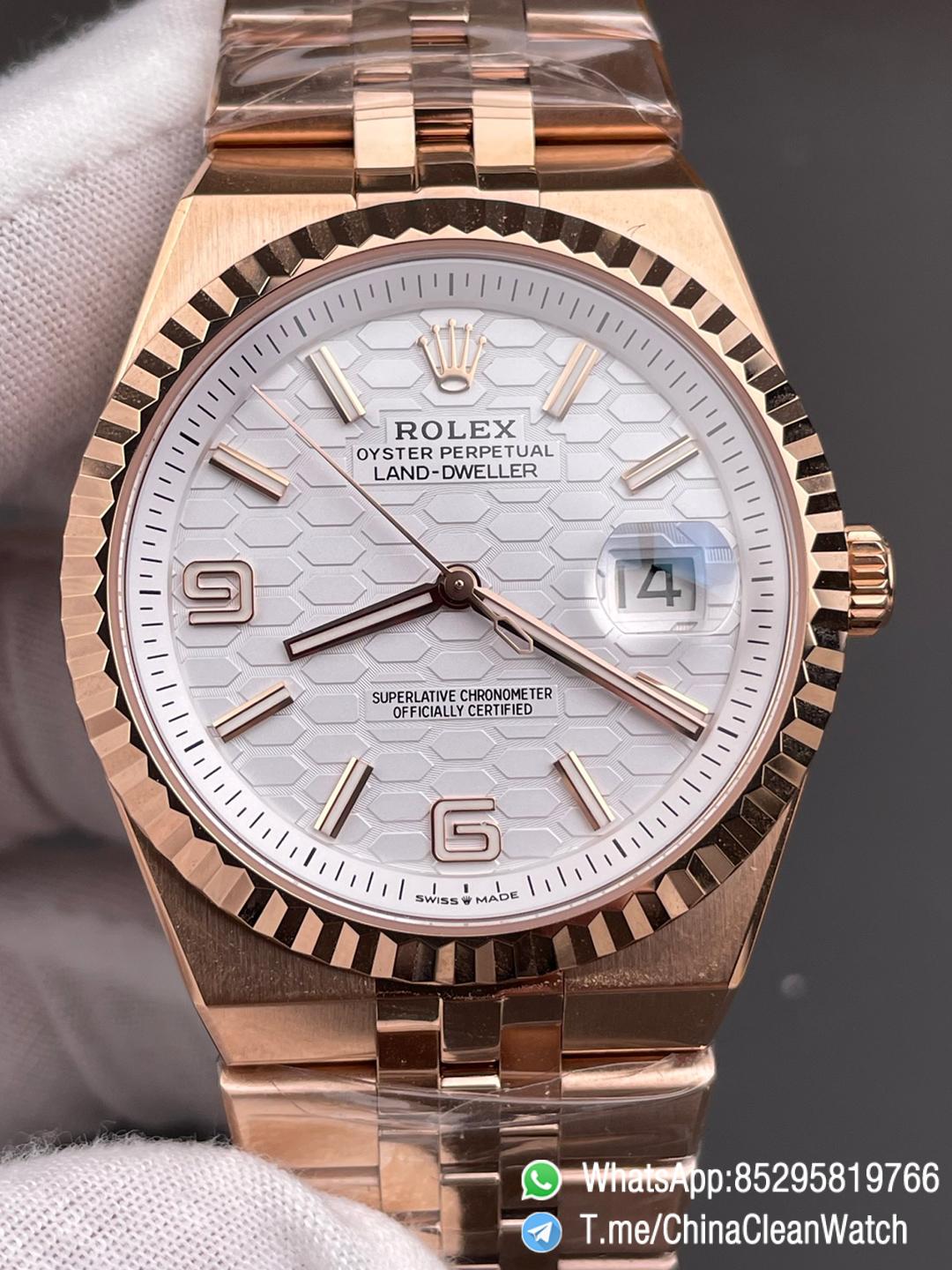 ESF Super Clone Land Dweller 127335 0001 Rose Gold Case Honeycomb Motif White Dial 40mm SuperClone 7135 Movement Jubilee Bracelet 00 ESF Super Clone Land Dweller 127335 0001 Rose Gold Case Honeycomb Motif White Dial 40mm SuperClone 7135 Movement Jubilee Bracelet 00