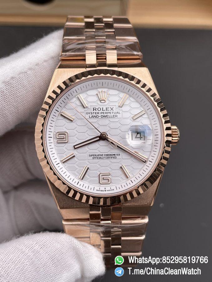 ESF Super Clone Land Dweller 127335 0001 Rose Gold Case Honeycomb Motif White Dial 40mm SuperClone 7135 Movement Jubilee Bracelet 03