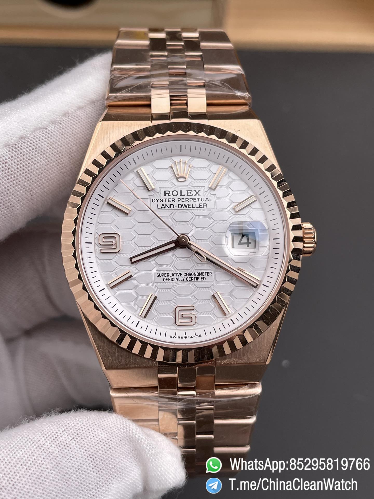 ESF Super Clone Land Dweller 127335 0001 Rose Gold Case Honeycomb Motif White Dial 40mm SuperClone 7135 Movement Jubilee Bracelet 03 ESF Super Clone Land Dweller 127335 0001 Rose Gold Case Honeycomb Motif White Dial 40mm SuperClone 7135 Movement Jubilee Bracelet 03